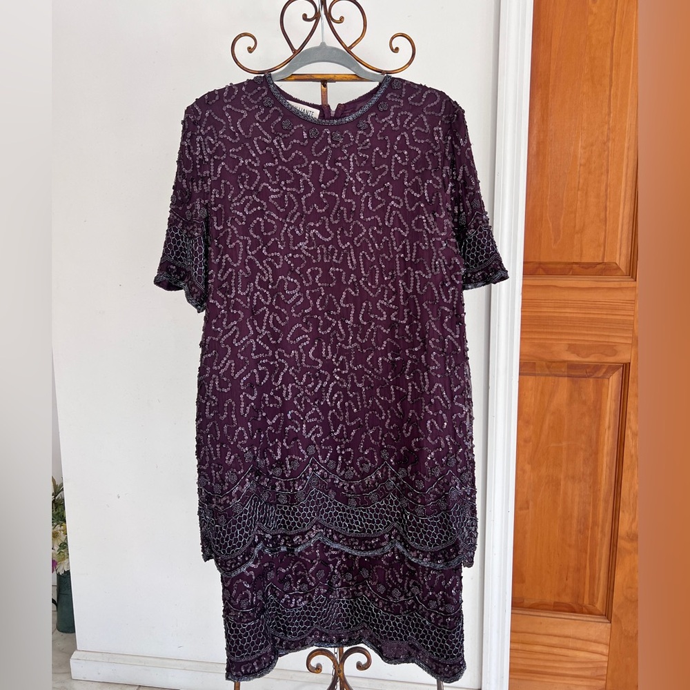 Plum Sequin and Beaded, short sleeve, layered bottom, knee length dress.